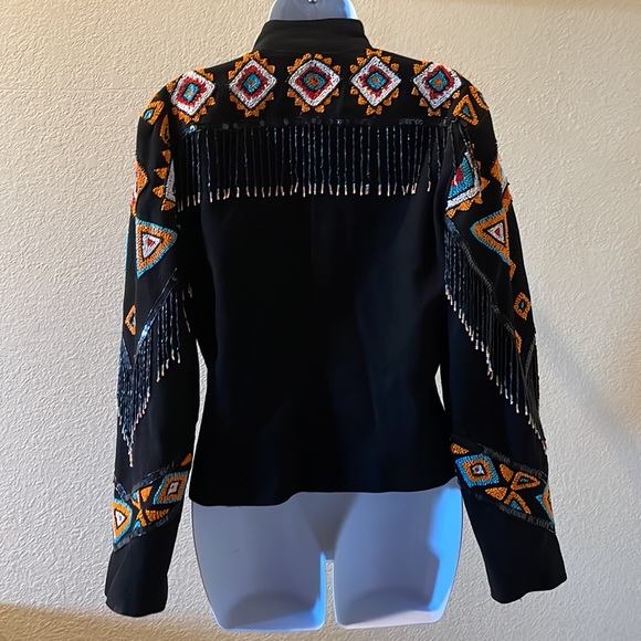Vintage Southwest Native inspired western beaded fringe jacket black turquoise - Picture 4 of 13